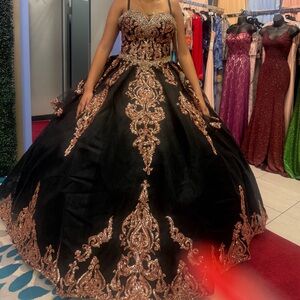 Black Ball Gown with Rose Gold Beaded Appliqué